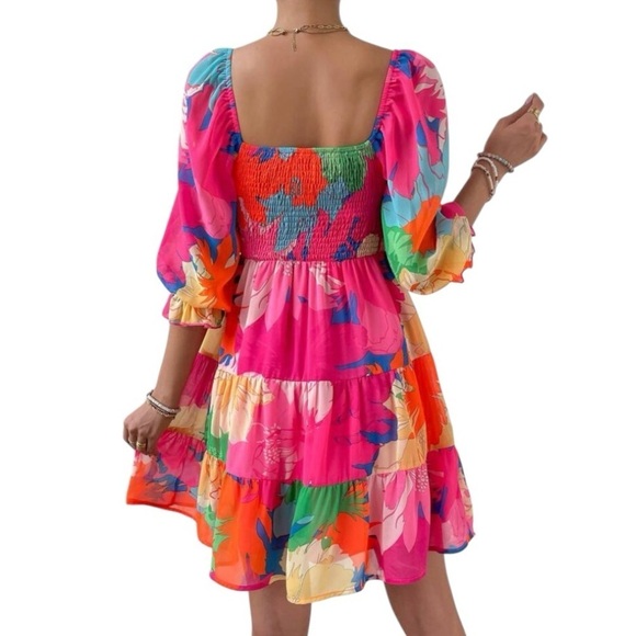 Pink and Orange Puff Sleeve Backless Sundress - Picture 2 of 4